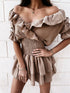Lace V-Neck Ruffled Short-Sleeved Cotton Dress